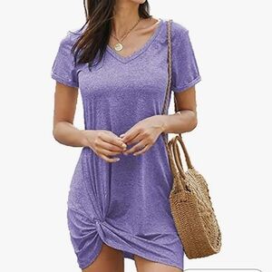 Locryz Twist Knot Tshirt Dress V Neck Short Sleeve Knot Dress Lavender XXL